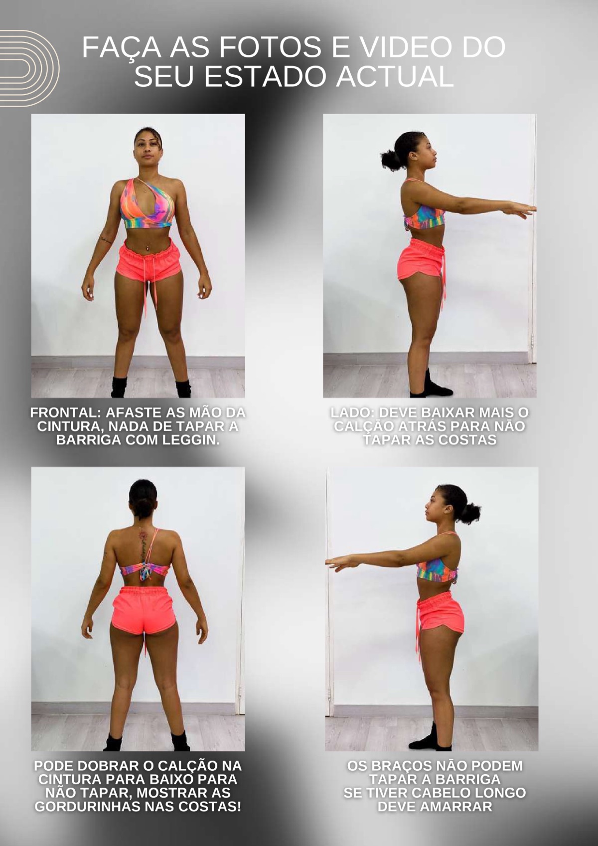 Guia visual com 4 poses para fotos de avaliação — frontal, lateral, costas e diagonal — e instruções específicas para cada uma